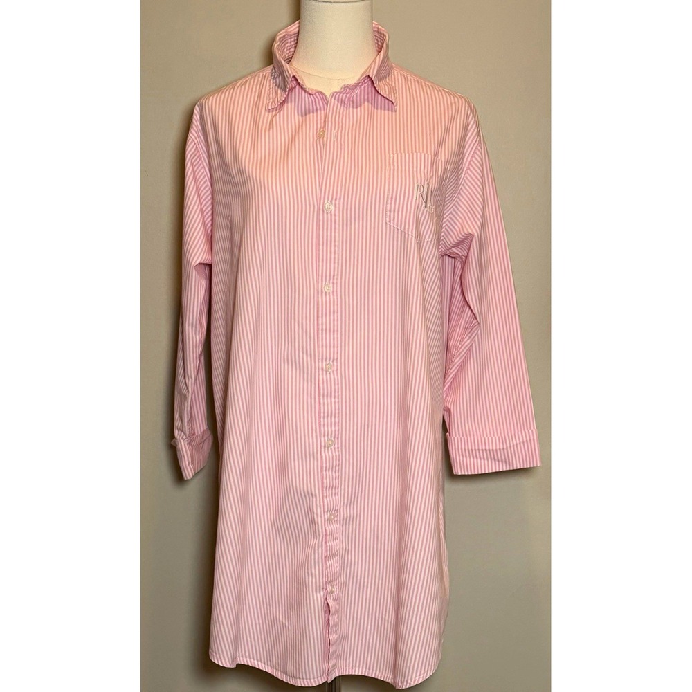 Lauren Ralph Lauren Women's M Pink White Striped Cotton Long Sleeve Tunic Shirt